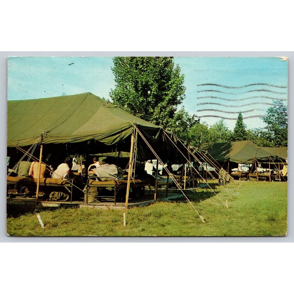 Vintage 1966 Camp Grayling MI National Guard Postcard Soldiers Tents Posted